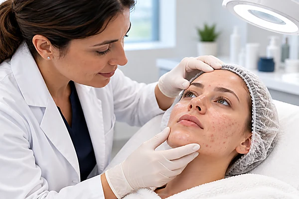 Dermatologist examining acne-prone facial skin during a consultation