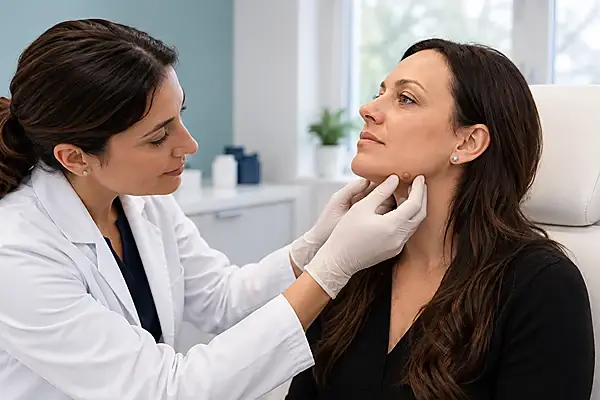 Dermatologist assessing a patient’s neck skin lesion in clinic