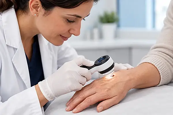 Dermatologist examining a skin lesion with a dermatoscope during a mole check